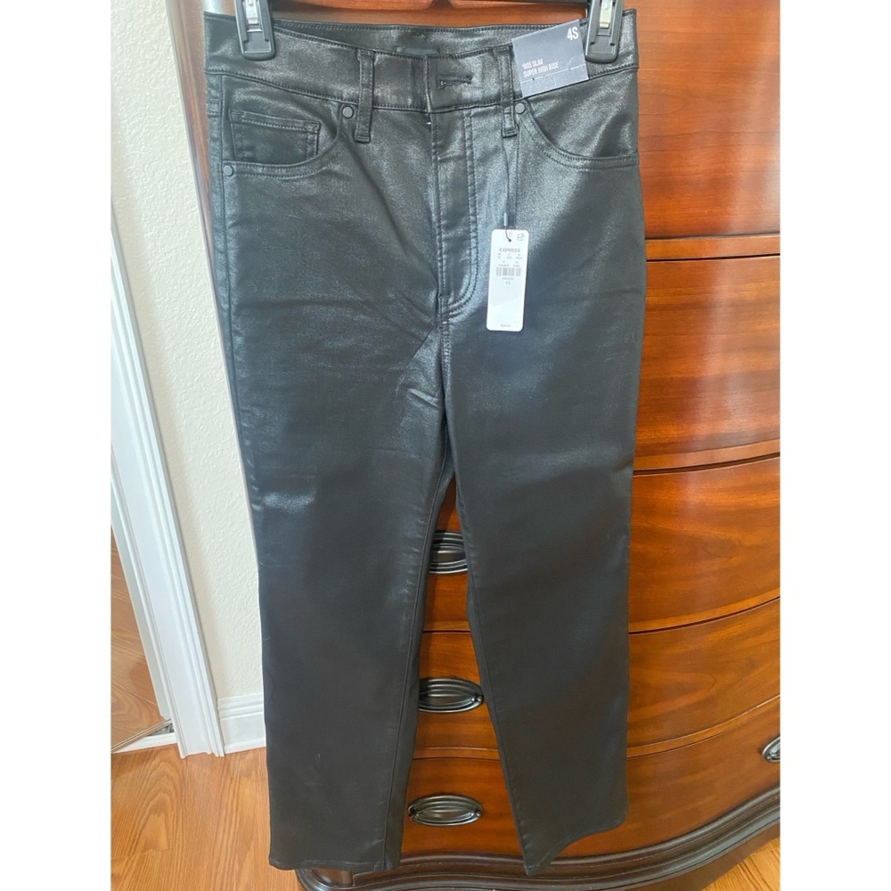 Express Black Coated Straight Jeans. ‘90s Slim Super High Rise. Size 4S (short)